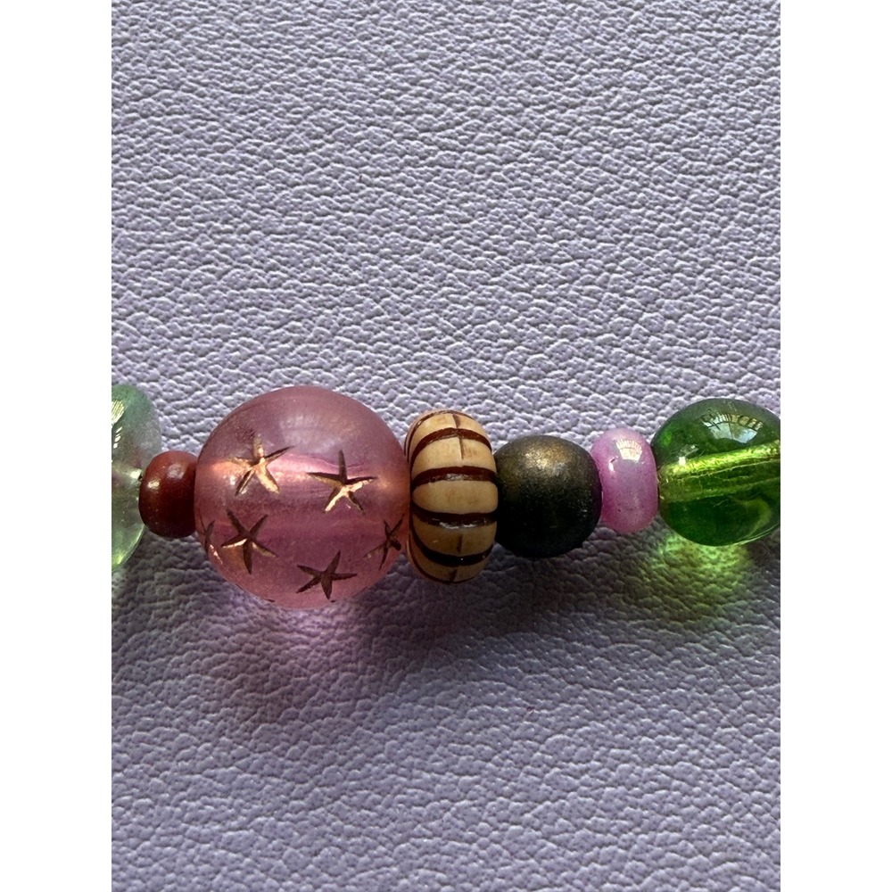 Y2K Multicolor Mixed Bead Necklace Pink Green Brown Floral Star Heart Boho 18 In - Picture 4 of 10